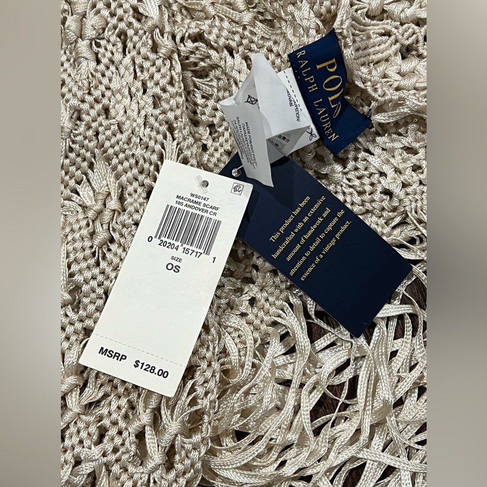 Polo Ralph Lauren Scarf Womens Ivory Crochet Fringed Rectangular One Size - Picture 7 of 8